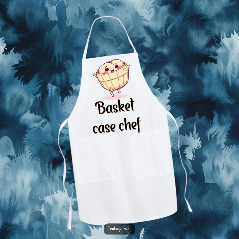 Funny dim sum basket apron with feet in a cartwheel motion, perfect for a playful chef.
