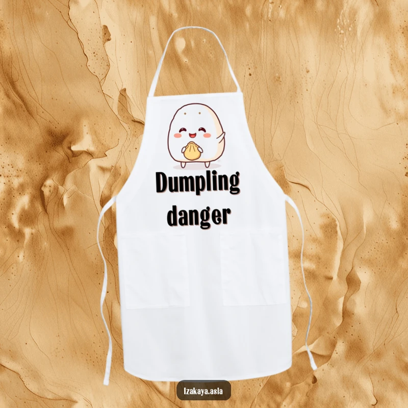 Funny onigiri apron featuring a smiling character attempting to throw a tiny bouncy dumpling, fun for chefs.
