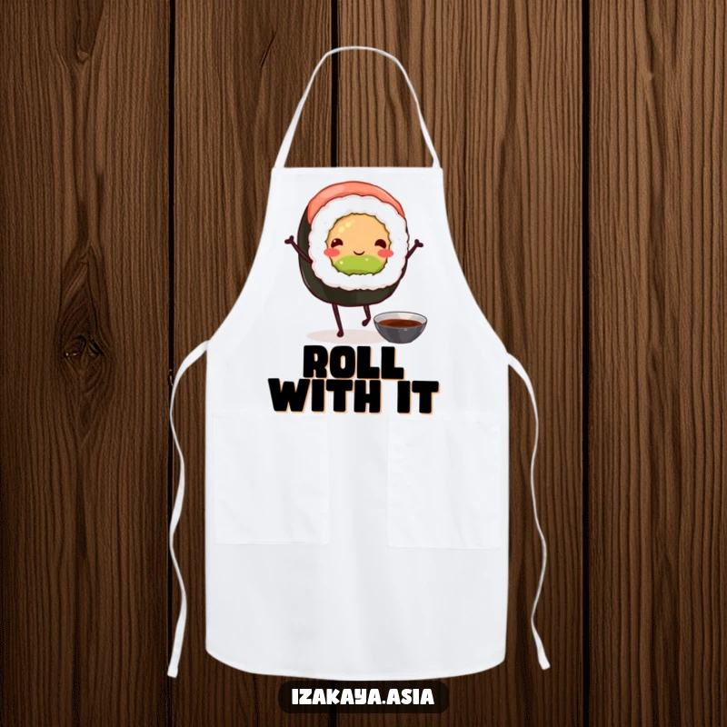 Funny sushi roll apron featuring a cheerful sushi character with legs dancing alongside a small bowl of soy sauce.