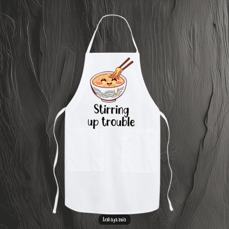 Funny ramen bowl apron featuring a giggling character stirring itself, ideal for kitchen fun.