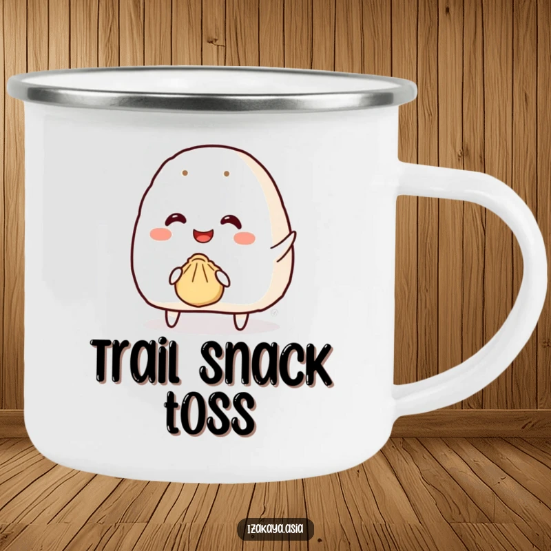 Funny onigiri camping mug showing a smiling character attempting to throw a tiny bouncy dumpling, perfect for outdoors.