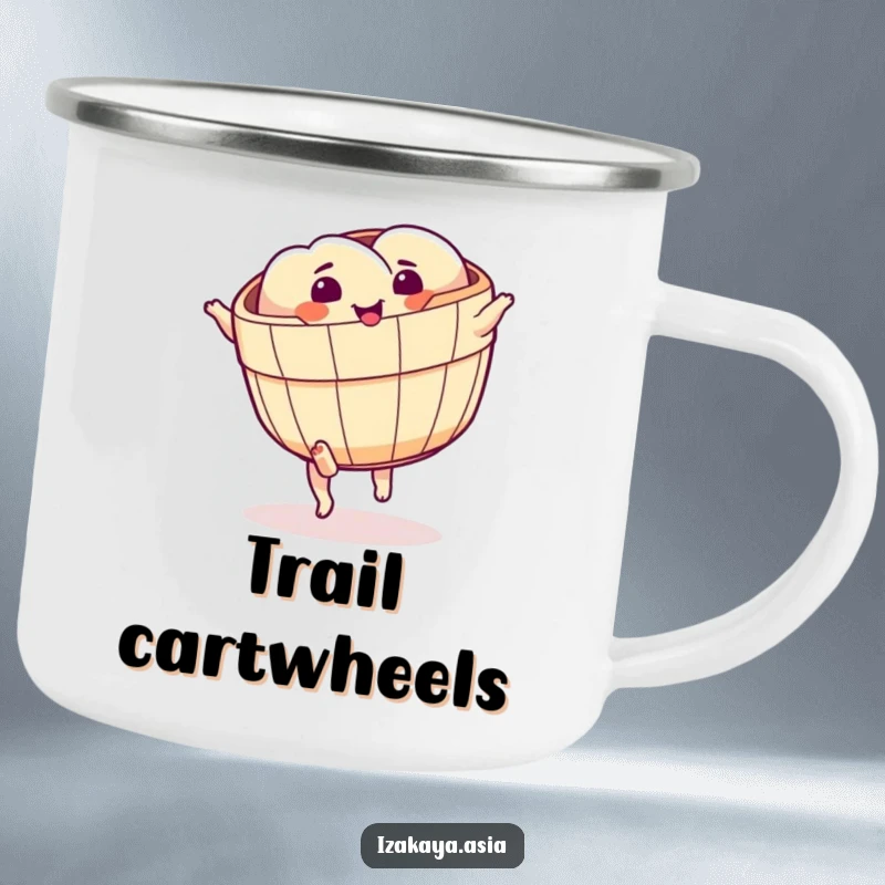 Funny dim sum basket camping mug with little feet in a cartwheel pose, ready for adventure.