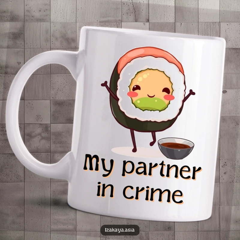 Funny sushi roll mug with tiny legs dancing joyfully with a soy sauce bowl, conveying pure, silly happiness.