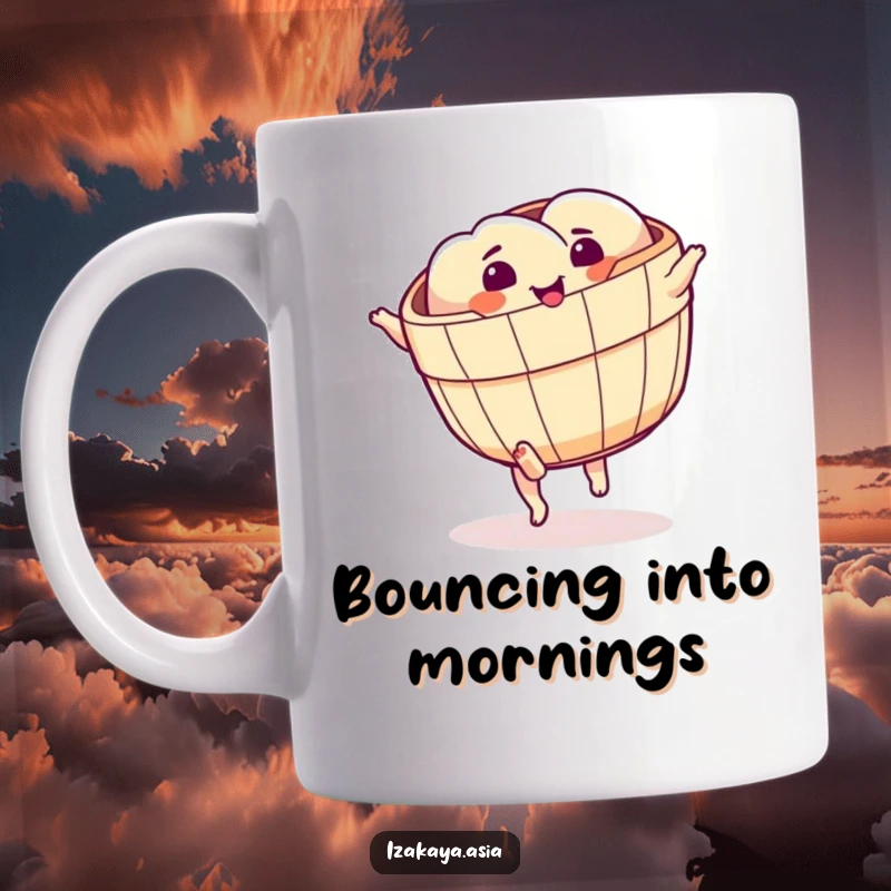 Funny dim sum basket mug with little feet attempting a cartwheel, showing energetic food fun.