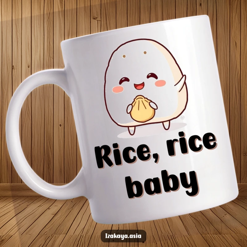 Funny onigiri mug showing a smiling character attempting to throw a tiny bouncy dumpling, full of playful energy.