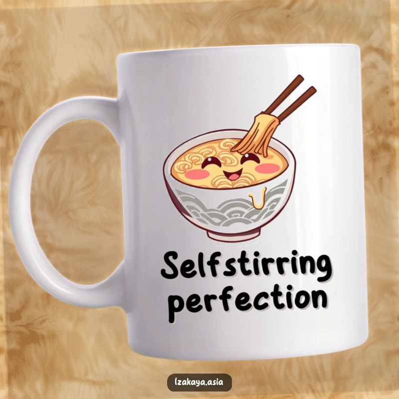Funny ramen bowl mug with a smiling character giggling while stirring itself, conveying pure delight.