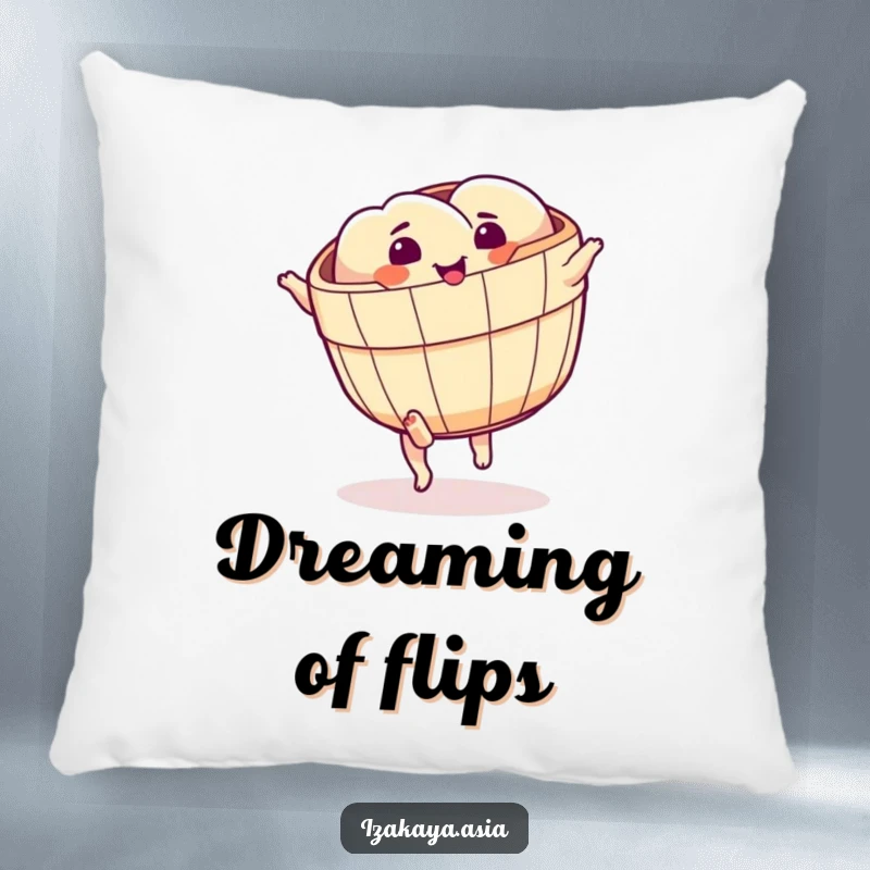 Funny dim sum basket pillow with little feet in a cartwheel pose, adding playful decor.