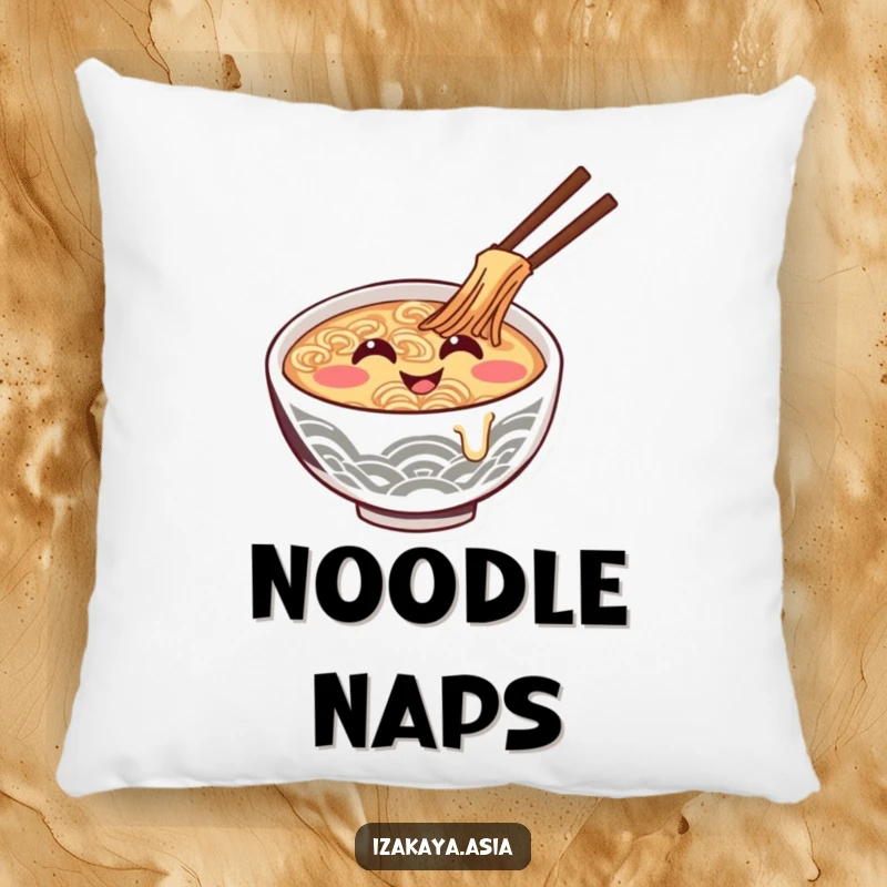Funny ramen bowl pillow with a giggling character stirring itself, perfect for cozy, humorous decor.