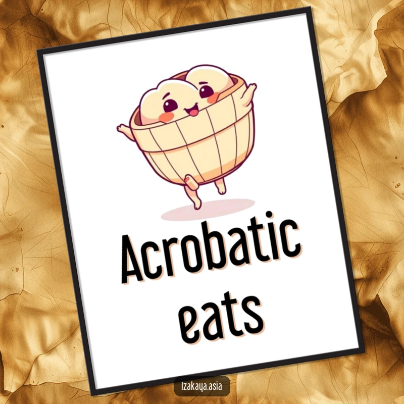 Funny dim sum basket digital art print showing a character with feet attempting a cartwheel, full of joy.