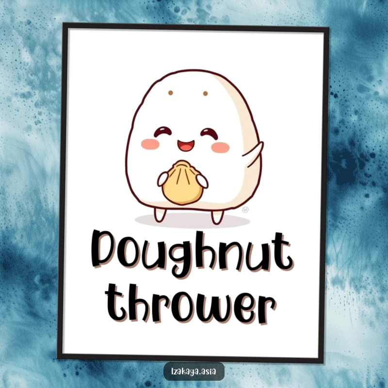 Funny onigiri digital art print showing a smiling character attempting to throw a tiny bouncy dumpling, full of charm.