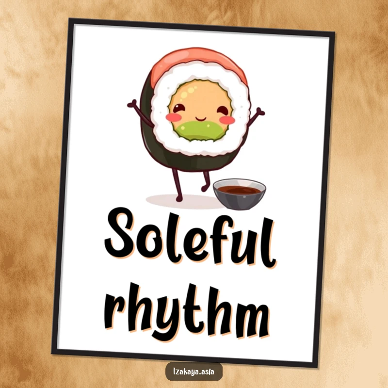 Funny sushi roll dance digital art print, showing a joyful sushi character with legs twirling with soy sauce.