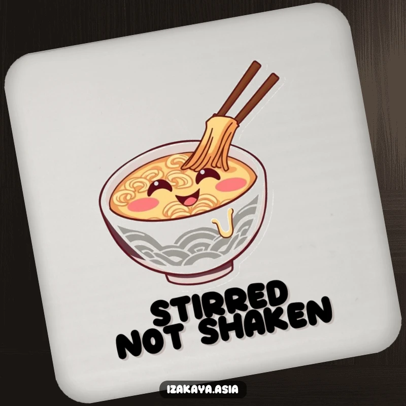 Funny ramen bowl coaster featuring a giggling character stirring itself, a humorous touch for tables.