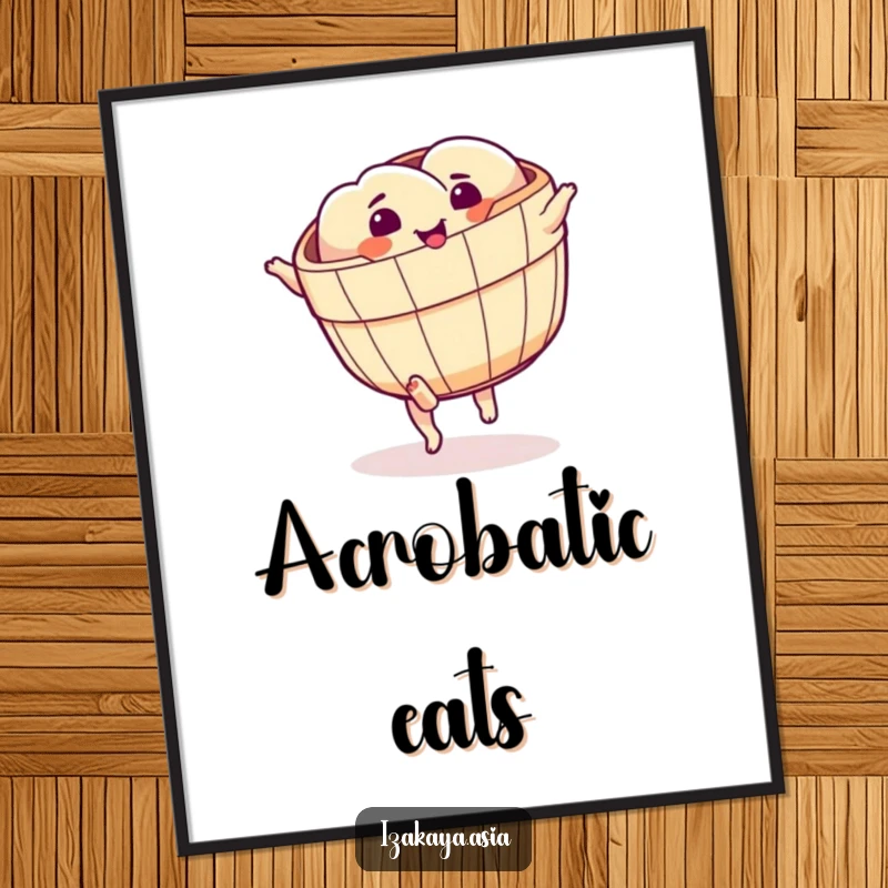 Funny dim sum basket poster showing a character with little feet attempting a cartwheel, full of motion.