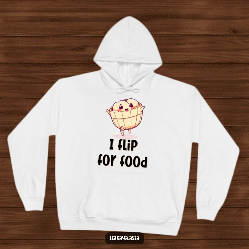 Funny dim sum basket hoodie with little feet mid-cartwheel, representing adorable food motion.