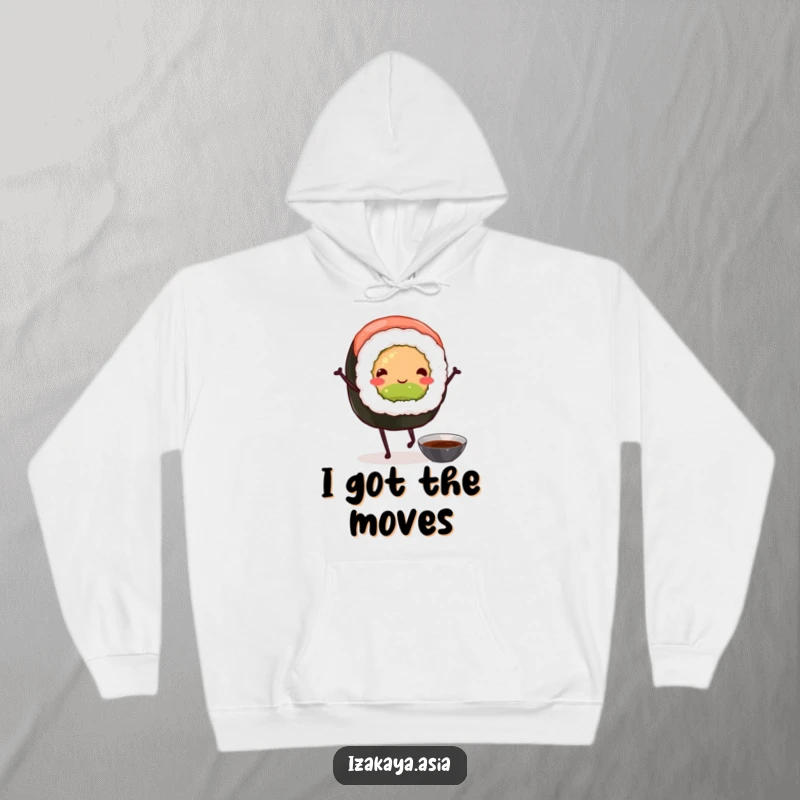 Funny sushi roll hoodie showing a happy sushi character with legs dancing alongside a tiny soy sauce bowl.