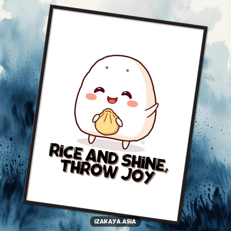 Funny Free Printable Wall Art: A smiley onigiri character attempts to throw a tiny bouncy dumpling.