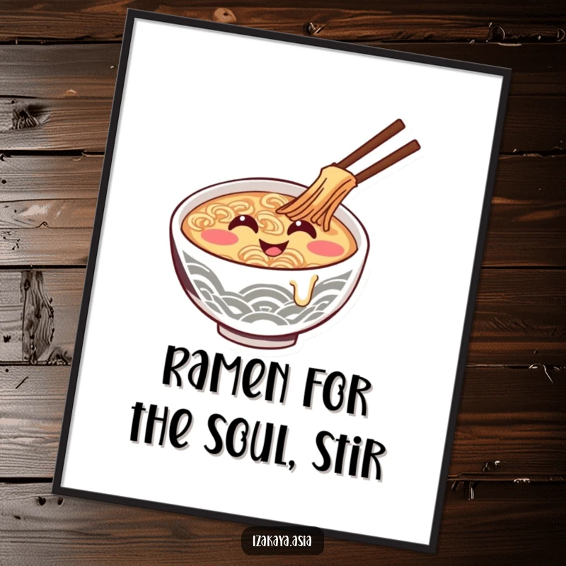 Funny Free Printable Wall Art: A smiling ramen bowl character giggles while stirring itself.