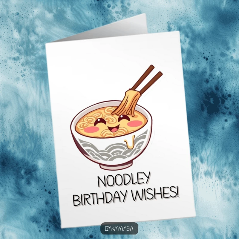 Funny Free Printable Birthday Card: Smiling ramen bowl giggles and stirs itself with delight.