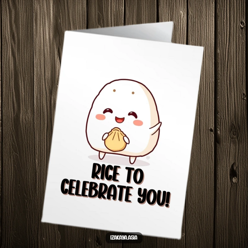 Funny Free Printable Birthday Card: Smiley onigiri character attempts to throw a bouncy dumpling.