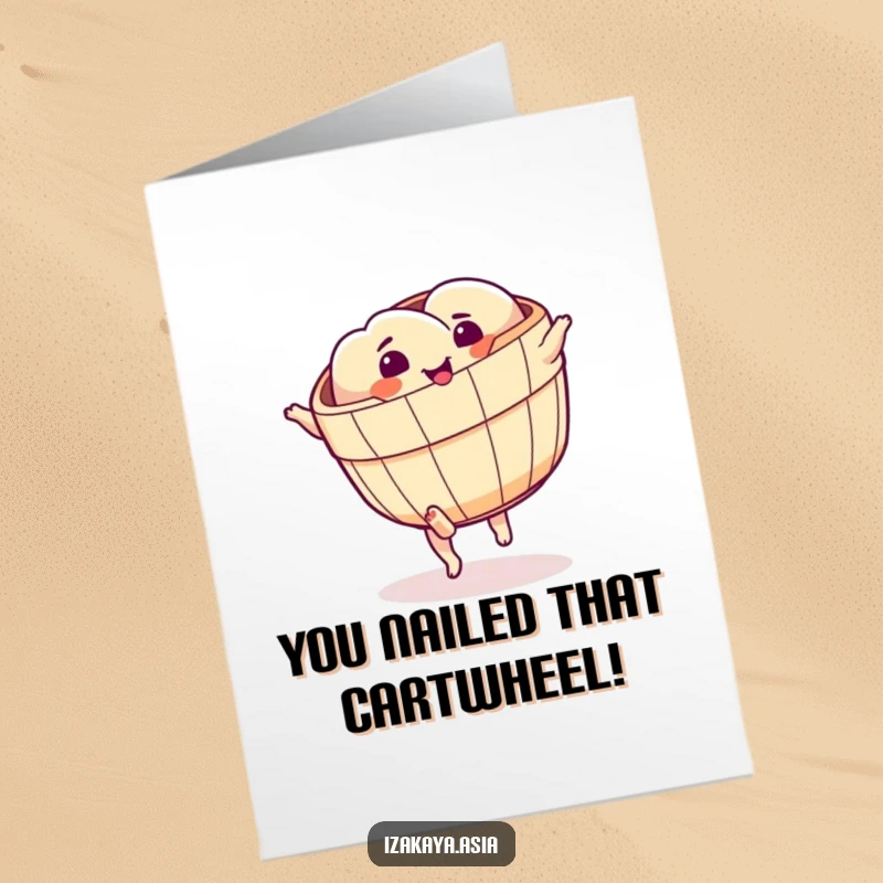 Funny Free Printable Congratulations Card: Dim sum basket with feet cartwheeling in celebration.