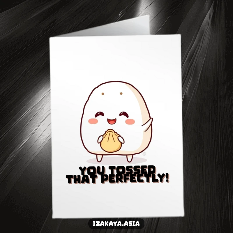 Funny Free Printable Congratulations Card: Onigiri character throws a bouncy dumpling in celebration.