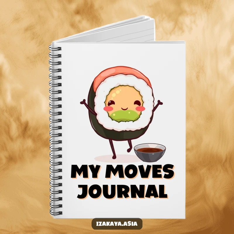 Funny sushi roll notebook illustrated with a happy sushi character with legs dancing with a soy sauce bowl.