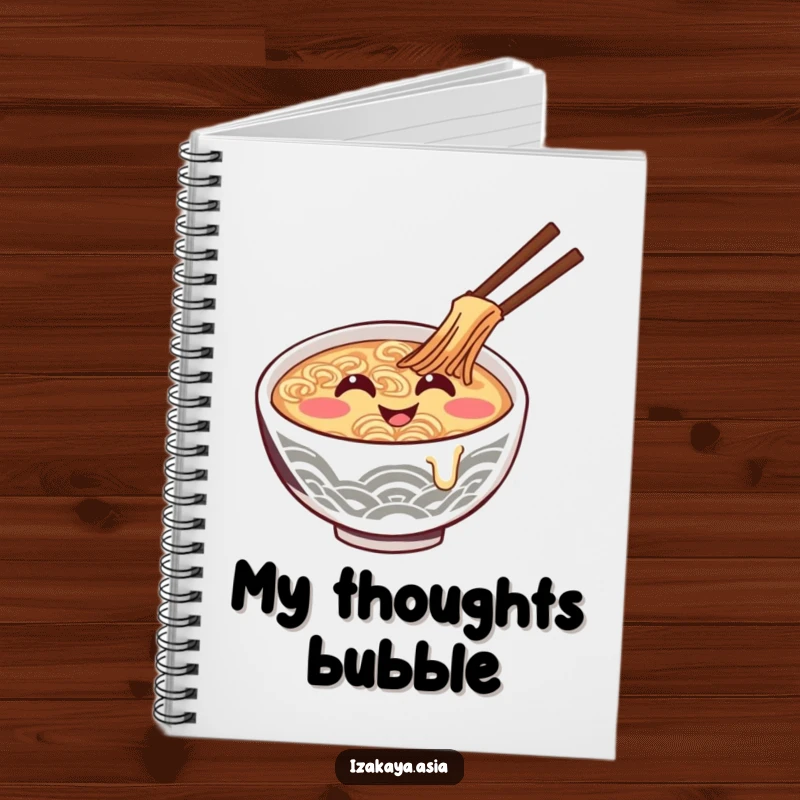 Funny ramen bowl notebook with a smiling character giggling while stirring itself, great for journaling.