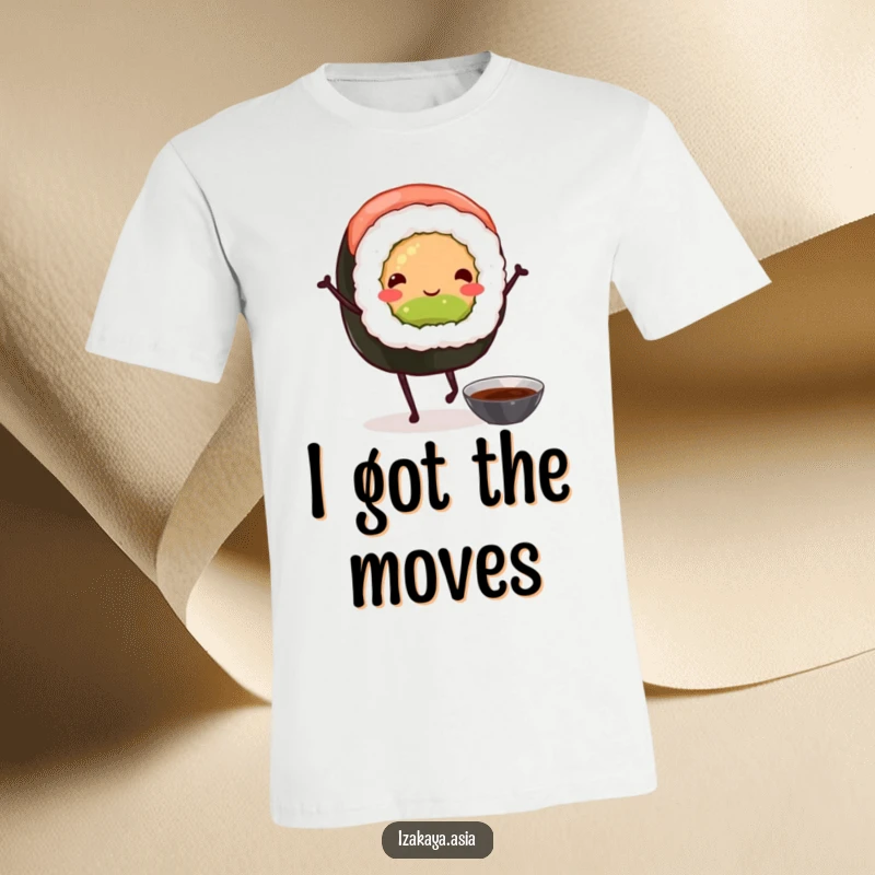 Funny sushi roll t-shirt featuring a dancing sushi roll character with legs, paired with a soy sauce bowl.
