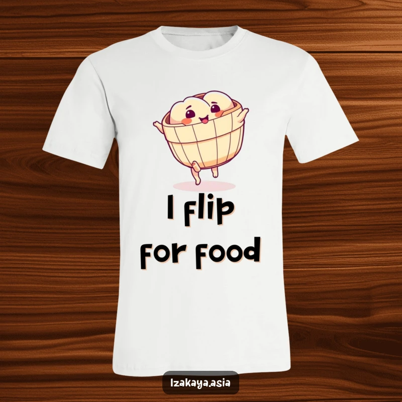 Funny dim sum basket t-shirt featuring a character with feet attempting a cartwheel, conveying playful energy.