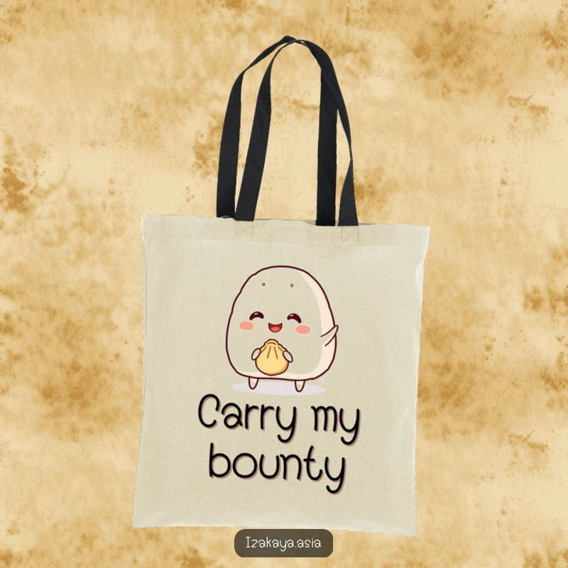 Funny onigiri tote bag featuring a smiling character trying to throw a tiny bouncy dumpling, a fun accessory.