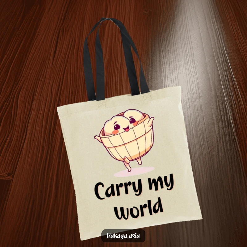 Funny dim sum basket tote bag with tiny feet in the motion of a cartwheel, full of energy.