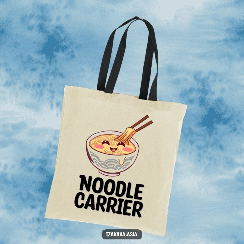 Funny ramen bowl tote bag featuring a giggling character stirring itself, ideal for foodies.
