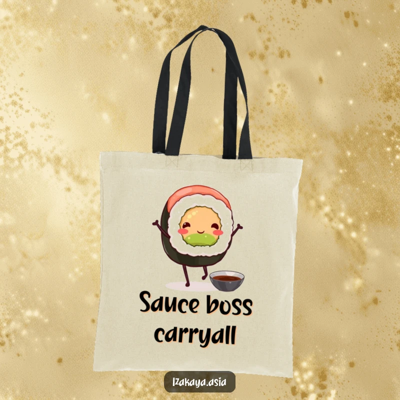Funny sushi roll tote bag featuring a smiling sushi character with legs dancing with a soy sauce bowl.